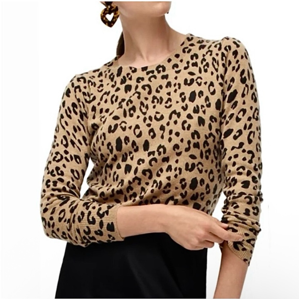 J Crew Cashmere Sweater Preppy Long Sleeve Crewneck Pullover Animal Print Small